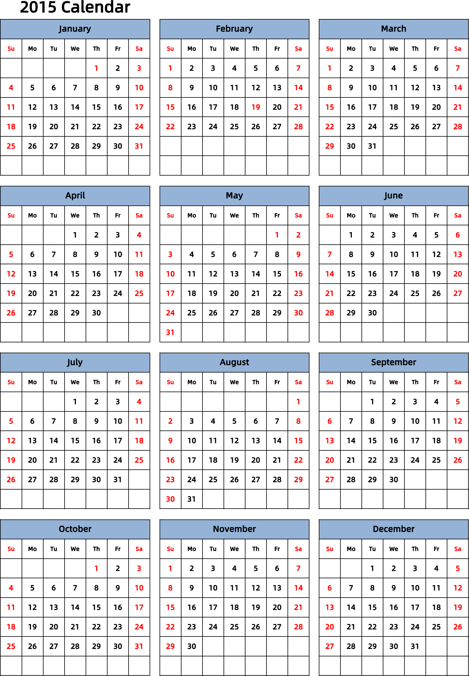 日历表2015年日历 英文版 纵向排版 周日开始 带节假日调休安排